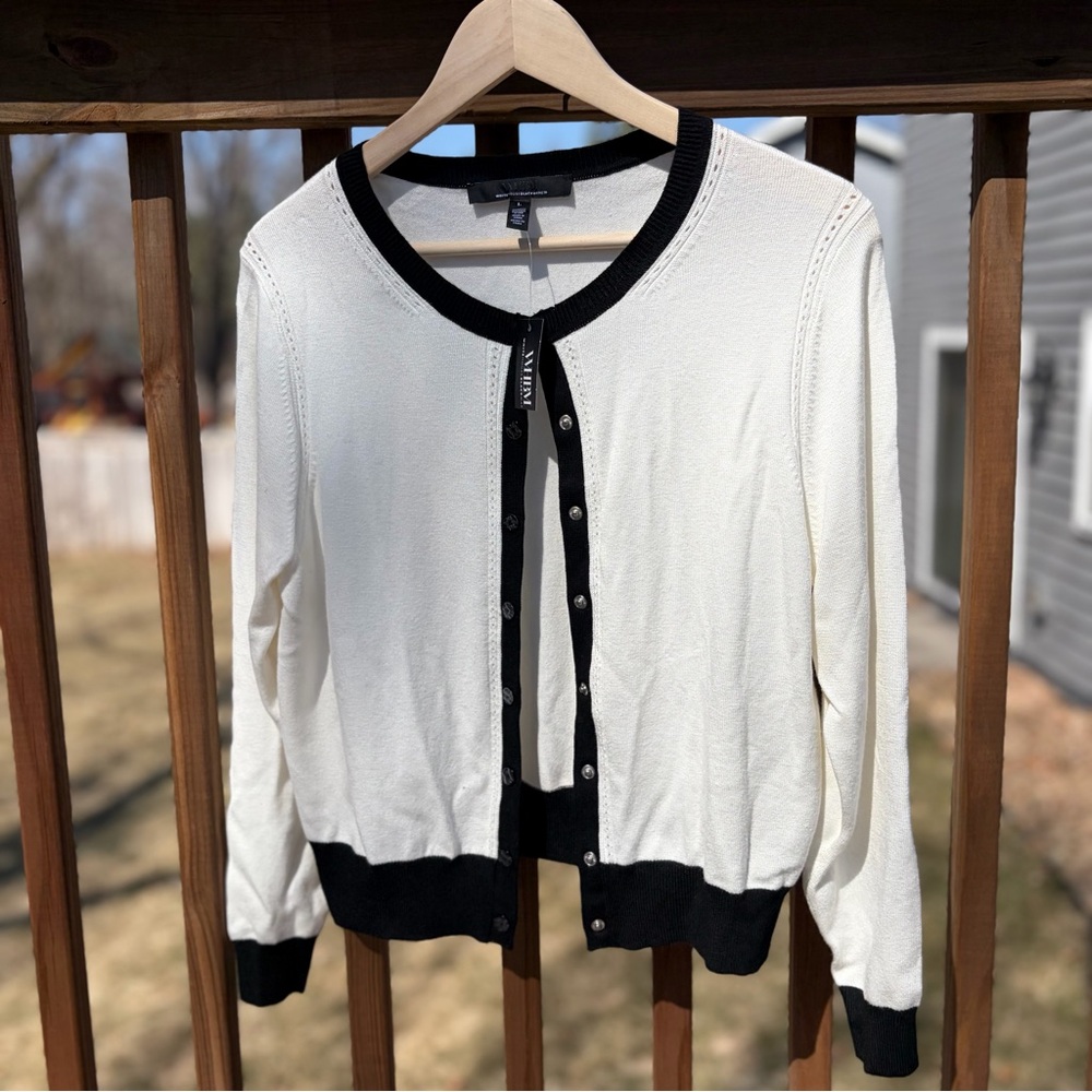 White House Black Market White & Black Trim Button Cardigan